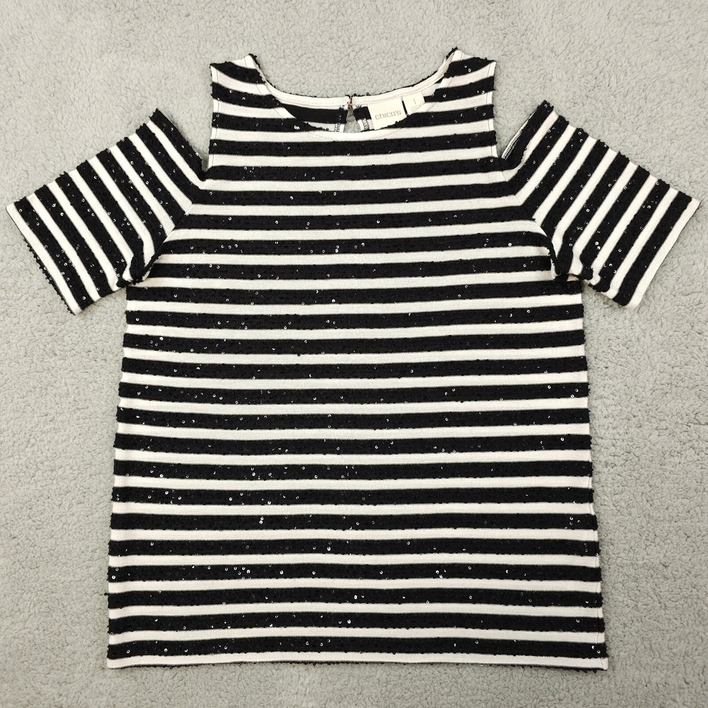 Chicos Top Womens 1 US Medium Black White Stripe Sequin Cold Shoulder Knit Shirt